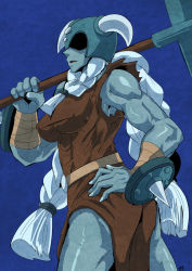 Rule 34 | 1girl, armband, bare shoulders, belt, blue background, breasts, colored skin, covered erect nipples, cowboy shot, genderswap, genderswap (mtf), grey skin, hand on own hip, helmet, holding, holding shovel, holding weapon, long hair, muscular, muscular female, open mouth, polar knight, profile, sachy (sachichy), shiny clothes, shiny skin, shirt, shovel, shovel knight, solo, solo focus, spikes, standing, taut clothes, taut shirt, torn clothes, twintails, very long hair, weapon, white hair