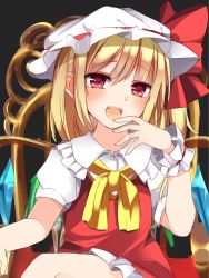 Rule 34 | 1girl, bad id, bad twitter id, blonde hair, blush, bow, chair, collared shirt, commentary request, flandre scarlet, hair between eyes, hand up, hat, hat bow, highres, karasusou nano, looking at viewer, mob cap, one-hour drawing challenge, open mouth, red bow, red eyes, shirt, short sleeves, side ponytail, sitting, solo, touhou, white hat, white shirt