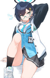 Rule 34 | 1girl, absurdres, ass, black hair, black skirt, black socks, blue archive, blue necktie, blue panties, blue vest, blush, breasts, chihiro (blue archive), closed mouth, collared shirt, glasses, green-framed eyewear, green eyes, hair ornament, halo, highres, isocha, jacket, large breasts, long sleeves, necktie, open clothes, open jacket, panties, pleated skirt, shirt, shoes, short hair, simple background, skirt, socks, solo, underwear, vest, white background, white footwear, white jacket, white shirt