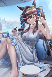 Rule 34 | 1girl, :3, alternate costume, animal ears, bare shoulders, barefoot, blue dress, blue eyes, blue nails, blue sky, brown hair, closed mouth, commentary request, couch, dress, ear covers, foot out of frame, hair ornament, hat, highres, horse ears, horse girl, horse tail, knees up, legs, lens flare, mu-to, multicolored hair, outdoors, single ear cover, sitting, sky, smile, solo, streaked hair, sunglasses, tail, umamusume, umbrella, vivlos (umamusume), white hair, white hat