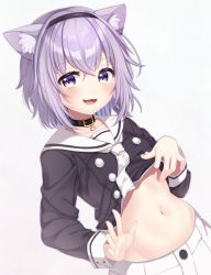 Rule 34 | 1girl, :3, :d, animal ears, cat ears, cat girl, clothes lift, collar, commentary request, grey background, hairband, highres, hololive, lifting own clothes, long sleeves, looking at viewer, midriff, navel, nekomata okayu, nekomata okayu (casual), open mouth, purple eyes, purple hair, sailor collar, shirt lift, short hair, simple background, smile, solo, takashina taaa, virtual youtuber