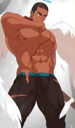 Rule 34 | 1boy, abs, angel wings, bara, black hair, black pants, bulge, character request, crave saga, crow (siranui), halo, highres, large pectorals, male focus, muscular, muscular male, navel, nipples, pants, pectorals, scar, scar on chest, scar on face, scar on nose, short hair, solo, topless male, torn clothes, torn pants, very short hair, wings