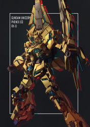 Rule 34 | absurdres, black background, brayanong999, character name, clenched hands, commentary, gundam, gundam narrative, highres, looking down, mecha, mechanical wings, no humans, nt-d, red eyes, robot, standing, unicorn gundam phenex, v-fin, wings