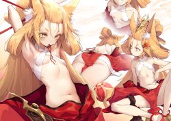 Rule 34 | 1girl, absurdres, animal ear fluff, animal ears, armpits, ass, back, ball, bare shoulders, bikini, bikini top only, blonde hair, breasts, character request, chinese commentary, cleavage, collarbone, commentary request, copyright request, fox ears, fox girl, full body, hair ornament, hair stick, highres, japanese clothes, kimono, long hair, looking down, looking to the side, lying, midriff, mouth hold, multiple views, navel, off shoulder, on stomach, red kimono, shanyao jiang tororo, short eyebrows, sidelocks, simple background, sitting, small breasts, swimsuit, temari ball, upper body, white background, yellow eyes