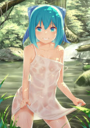Rule 34 | 1girl, alternate costume, bad id, bad pixiv id, blue eyes, blue hair, bow, breasts, cirno, collarbone, day, dress, forest, hair bow, highres, looking at viewer, matching hair/eyes, nature, no bra, no panties, outdoors, pond, see-through, short hair, small breasts, smile, solo, strap slip, sundress, touhou, water, waterfall, wet, white dress, yizhirenben