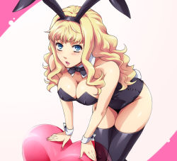 Rule 34 | 1girl, animal ears, bent over, blue eyes, blush, bow, bowtie, breasts, cleavage, fake animal ears, hairu, large breasts, leaning forward, long hair, macross, macross frontier, playboy bunny, rabbit ears, sheryl nome, solo, thighhighs