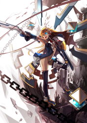 Rule 34 | 2girls, angry, arc system works, armor, armpits, ass, asymmetrical clothes, black legwear, blazblue, blonde hair, blue eyes, chain, colored eyelashes, crotch plate, detached sleeves, digital dissolve, dual persona, full body, gloves, greaves, green eyes, gun, handgun, heterochromia, highres, long hair, midriff, mu-12, multiple girls, navel, no bra, no panties, noel vermillion, open mouth, revealing clothes, selenoring, shoes, spoilers, thighhighs, torn clothes, weapon, white gloves