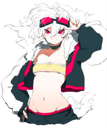 Rule 34 | 1girl, absurdres, adjusting goggles, arm up, bandeau, black jacket, bra, breasts, collar, collarbone, cowboy shot, cropped jacket, cropped legs, fur collar, goggles, goggles on head, groin, hair between eyes, hand on own hip, highres, jacket, medium hair, midriff, navel, niwamaru, niwarhythm, original, red eyes, red goggles, short hair, simple background, small breasts, smile, solo, standing, tsurime, underboob, underwear, white hair, wind, yellow bra