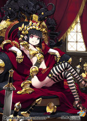Rule 34 | 1girl, armor, black hair, blunt bangs, braid, breastplate, breasts, bright pupils, caligula (qurare), chalice, copyright name, crossed legs, cup, elbow gloves, gloves, grin, heterochromia, high heels, indoors, len (a-7), midriff, navel, panties, pauldrons, qurare magic library, sandals, shoulder armor, sitting, small breasts, smile, solo, sword, thighhighs, throne, underwear, watermark, weapon, white gloves, white panties