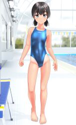 Rule 34 | 1girl, absurdres, barefoot, bench, black hair, blue one-piece swimsuit, breasts, clothes writing, commentary request, competition swimsuit, full body, gluteal fold, green eyes, highres, indoors, looking at viewer, low twintails, one-piece swimsuit, original, pool, short hair, small breasts, solo, standing, string of flags, swimsuit, takafumi, tan, tanline, twintails