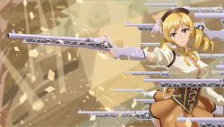 Rule 34 | 10s, 1girl, beret, blonde hair, corset, drill hair, gun, hat, magical girl, magical musket, mahou shoujo madoka magica, mahou shoujo madoka magica (anime), northman, short twintails, solo, tomoe mami, twin drills, twintails, weapon, yellow eyes