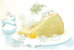 Rule 34 | beak, bird, cake, chai (drawingchisanne), chick, chiffon cake, commentary request, eggshell, food, food focus, food request, highres, looking at viewer, no humans, on food, original, plant request, plate