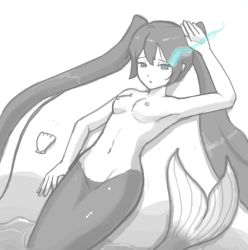 Rule 34 | 10s, 1girl, armpits, black rock shooter, black rock shooter (character), blue eyes, breasts, completely nude, fins, fish tail, glowing, glowing eye, groin, long hair, lying, mermaid, minerva (artist), monochrome, monster girl, navel, nipples, nude, on back, shell, small breasts, solo, tail, twintails, very long hair