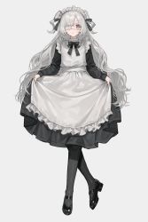 Rule 34 | absurdres, apron, black dress, black footwear, black pantyhose, black ribbon, commentary, curtsey, dress, eyepatch, frilled apron, frills, fujishiro74, full body, hair ribbon, highres, long hair, looking at viewer, maid, neck ribbon, open mouth, original, pantyhose, pink eyes, ribbon, shoes, simple background, symbol-only commentary, two side up, very long hair, white background, white hair