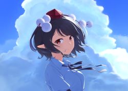 Rule 34 | 1girl, black hair, black ribbon, blue sky, cloud, commentary, day, from side, hair blowing, hat, highres, kanpa (campagne 9), light smile, looking at viewer, neck ribbon, outdoors, pointy ears, pom pom (clothes), puffy short sleeves, puffy sleeves, red eyes, red hat, ribbon, shameimaru aya, shirt, short hair, short sleeves, sky, solo, standing, swept bangs, tokin hat, touhou, upper body, white shirt, wind