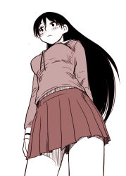 Rule 34 | azumanga daiou, black hair, blush, from below, long hair, monochrome, pleated skirt, sakaki (azumanga daioh), sakaki imasato, school uniform, serafuku, skirt