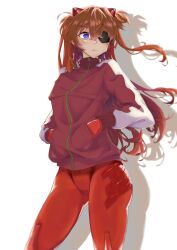 Rule 34 | 1girl, absurdres, adjusting clothes, adjusting headwear, artist request, ass, blue eyes, bodysuit, bodysuit under clothes, breasts, brown hair, evangelion: 3.0 you can (not) redo, eyepatch, floating hair, hands in pockets, highres, jacket, legs, long hair, looking to the side, medium breasts, neon genesis evangelion, plugsuit, rebuild of evangelion, red bodysuit, skin tight, solo, souryuu asuka langley, thighs, very long hair, wide hips