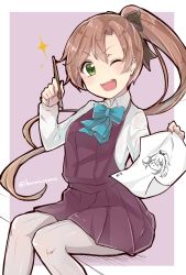 Rule 34 | 1girl, ;d, akigumo (kancolle), blue neckwear, brown hair, character name, cowboy shot, drawing (object), dress shirt, feet out of frame, green eyes, grey background, hair ribbon, highres, holding, holding paper, holding pen, kantai collection, long hair, looking at viewer, mole, mole under eye, nib pen (object), one eye closed, open mouth, pantyhose, paper, pen, pleated skirt, ponytail, purple background, ribbon, school uniform, shirt, sitting, skirt, smile, solo, sparkle, twitter username, two-tone background, v-shaped eyebrows, white background, yamakaze (kancolle), zhi zhi/zu zu