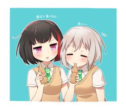 Rule 34 | 2girls, :o, aoba moca, arms up, bang dream!, bd ayknn, beige vest, black hair, bob cut, border, closed eyes, collared shirt, commentary request, green neckwear, grey hair, hair between eyes, looking at another, looking to the side, mitake ran, motion lines, multicolored hair, multiple girls, necktie, open mouth, outline, pink eyes, ramune, red hair, shirt, short hair, short sleeves, streaked hair, translated, white border, white outline, white shirt, wing collar