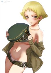 Rule 34 | 1girl, bad id, bad pixiv id, blonde hair, blush, breasts, brown eyes, closed mouth, collarbone, convenient censoring, erwin (girls und panzer), eyebrows, girls und panzer, groin, hat, highres, jacket, looking at viewer, medium breasts, navel, no bra, open fly, panties, shiny skin, short hair, short shorts, shorts, side-tie panties, simple background, smile, solo, topless, underwear, user fjpp5427, white background, white panties