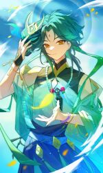 Rule 34 | 1boy, absurdres, bead necklace, beads, genshin impact, green hair, highres, holding, holding mask, jewelry, male focus, mask, multicolored hair, necklace, solo, suzushi, tassel, tattoo, xiao (genshin impact), yellow eyes