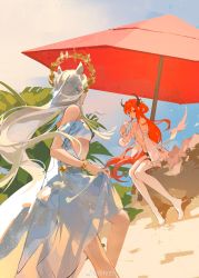 Rule 34 | 2girls, absurdres, animal ears, arknights, beach umbrella, bikini, breasts, demon girl, demon horns, extra ears, facing another, floating hair, highres, holding food, holding ice cream, horns, horse ears, horse girl, ice cream, laurel crown, long hair, medium breasts, multiple girls, official alternate costume, platinum (arknights), red eyes, red hair, sitting, small breasts, standing, surtr (arknights), surtr (colorful wonderland) (arknights), swimsuit, umbrella, very long hair, white bikini, white hair, yanzhi bai
