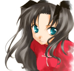 Rule 34 | 00s, 1girl, black hair, blue eyes, fate/stay night, fate (series), long hair, short twintails, solo, tohsaka rin, turtleneck, twintails, two side up