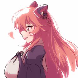 Rule 34 | 1girl, arm at side, assault lily, black ribbon, blush, breasts, commentary, cropped jacket, endou araya, from side, hair between eyes, hairpods, heart, highres, juliet sleeves, large breasts, long hair, long sleeves, looking away, neck ribbon, nifu (nixets), parted lips, pink eyes, pink hair, profile, puffy sleeves, ribbon, school uniform, shirt, sidelocks, simple background, smile, solo, tongue, tongue out, upper body, white background, white shirt, yurigaoka girls academy school uniform