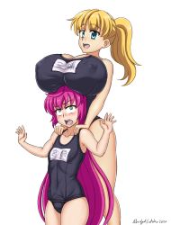 Rule 34 | 2girls, abridged-satoko, breast envy, breast rest, breasts, breasts on head, huge breasts, miyazaki ayumi (abridged-satoko), multiple girls, small breasts, swimsuit