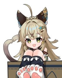 Rule 34 | 1girl, :3, :d, animal ear fluff, animal ears, animal hands, black choker, black socks, box, brown hair, cardboard box, cat ears, cat feet, cat girl, cat paws, cat tail, choker, commentary, detached sleeves, english commentary, genshin impact, green eyes, hair between eyes, hair ornament, hairclip, in box, in container, japanese clothes, kirara (genshin impact), kneehighs, knees up, long hair, looking at viewer, miyako draw, multiple tails, nekomata, open mouth, short sleeves, sidelocks, simple background, sitting, smile, socks, solo, tail, two tails, white background