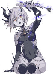 Rule 34 | 1girl, absurdres, amputee, animal, bad id, bad pixiv id, breasts, claws, colored skin, electricity, fish, grey hair, grey skin, hair between eyes, highres, holding, holding animal, horns, huang (volt0526), magic, monster girl, open mouth, original, short hair, sitting, small breasts, solo, white background, yellow eyes
