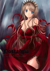Rule 34 | 1girl, absurdres, aikawa daisei, bare shoulders, blue eyes, brown hair, clothes lift, crown, dress, dress lift, elbow gloves, frills, gloves, highres, long hair, red dress, smile, solo