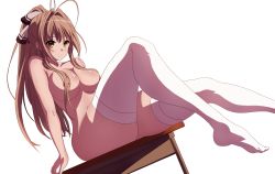 Rule 34 | 10s, 1girl, :/, amagi brilliant park, antenna hair, areola slip, bow, breasts, brown eyes, brown hair, curvy, desk, dutch angle, hair bow, hair censor, hair intakes, hair over breasts, highres, large breasts, legs, long hair, long legs, looking at viewer, looking down, maruki nobuaki, nude, ponytail, school desk, sento isuzu, sidelocks, sitting, skindentation, solo, thick thighs, thighhighs, thighs, third-party edit, vector trace, white background, wide hips
