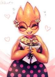 Rule 34 | 1girl, alphys, artist name, bare shoulders, bouquet, breasts, buck teeth, closed eyes, dress, eyeshadow, female focus, flower, flying sweatdrops, furry, furry female, glasses, hair flower, hair ornament, hands up, happy, heart, highres, holding, makeup, medium breasts, multicolored clothes, multicolored dress, nervous, open mouth, outline, pink outline, polka dot, polka dot dress, purple-framed eyewear, purple eyeshadow, round eyewear, shiny skin, signature, simple background, sleeveless, sleeveless dress, smile, solo, spacecolonie, standing, sweat, teeth, undertale, white background, yellow flower