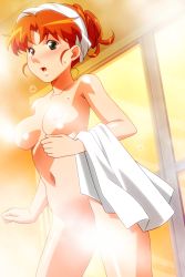 Rule 34 | 1girl, blush, breasts, censored nipples, completely nude, convenient censoring, cowboy shot, green eyes, holding, holding towel, indoors, mana (super real mahjong), medium breasts, navel, non-web source, nude, official art, open mouth, photoshop (medium), red hair, solo, standing, steam, steam censor, super real mahjong, tanaka ryou, towel, towel on head, wet
