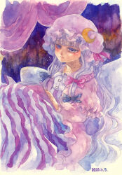 Rule 34 | 1girl, book, book on lap, bow, crescent, crescent hat ornament, dated, dress, hair bow, hat, hat ornament, highres, long hair, mob cap, multiple hair bows, open book, patchouli day, patchouli knowledge, purple hair, shiroma (mamiko), solo, striped clothes, striped dress, touhou