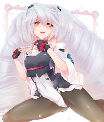 Rule 34 | 1girl, bare shoulders, big hair, blush, bodysuit, covered navel, detached sleeves, drill hair, fingerless gloves, gloves, hair ornament, kyoukaisenjou no horizon, long hair, mei (abliss), nate mitotsudaira, pantyhose, silver hair, sitting, smile, solo, very long hair, wide sleeves, yellow eyes