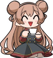 Rule 34 | 1girl, :d, ^ ^, al himitsu, black dress, black hairband, blush, brown hair, brown pantyhose, chibi, closed eyes, collared dress, commentary request, cup, double bun, dress, full body, hair bun, hairband, highres, holding, holding cup, holding saucer, indie virtual youtuber, long sleeves, open mouth, pantyhose, saucer, seiza, simple background, sitting, smile, solo, teacup, transparent background, virtual youtuber, wakabayashi toshiya, white background
