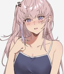 Rule 34 | 1girl, aogisa, bad id, bad pixiv id, blue one-piece swimsuit, blush, breasts, cleavage, collarbone, competition school swimsuit, girls&#039; frontline, hair ornament, hand on own shoulder, long hair, looking at viewer, one-piece swimsuit, open mouth, pink hair, purple eyes, school swimsuit, small breasts, solo, st ar-15 (girls&#039; frontline), swimsuit, swimsuit costume, white background