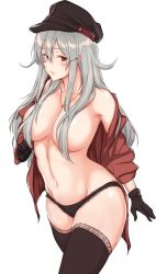 Rule 34 | 1girl, black gloves, black hat, black panties, black thighhighs, breasts, commentary request, cowboy shot, facial scar, gangut (kancolle), gangut dva (kancolle), gloves, grey hair, hair over breasts, hat, kantai collection, large breasts, long hair, no bra, osterei, panties, peaked cap, red eyes, red shirt, scar, scar on cheek, scar on face, shirt, simple background, solo, thighhighs, underwear, white background