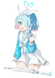 Rule 34 | 1girl, absurdres, arona (blue archive), blue archive, blue eyes, blue hair, blue halo, blue shirt, blush, braid, chun jiang, closed umbrella, colored inner hair, commentary, full body, hair over one eye, halo, hand up, heart, heart halo, highres, long sleeves, looking at viewer, multicolored hair, open mouth, pink hair, school uniform, serafuku, shirt, shoes, short hair, side braid, simple background, sitting, skirt, smile, solo, umbrella, wariza, white background, white footwear, white hair, white skirt