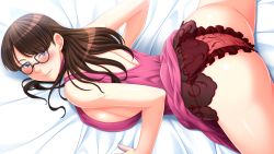 Rule 34 | 1girl, ass, bare arms, bare legs, bed, black-framed eyewear, blush, breast press, breasts, brown hair, closed mouth, female focus, from above, game cg, glasses, huge ass, huge breasts, indoors, kaneshiro wataru, legs, lingerie, long hair, looking back, lying, on bed, on stomach, original, panties, purple eyes, sleeveless, smile, soku iki bishonure athlete!, solo, spread legs, thighs, underwear
