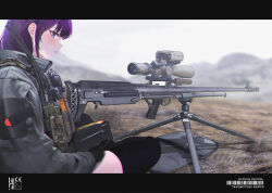 Rule 34 | 1girl, absurdres, ammunition pouch, barcode, black gloves, black thighhighs, blue eyes, blurry, blurry background, blush, buckle, bullpup, cable, camouflage, closed mouth, collared jacket, english text, from side, gloves, grey jacket, gun, highres, holding, jacket, letterboxed, load bearing vest, looking at viewer, military jacket, mountainous horizon, nature, on ground, original, outdoors, pantyhose, pouch, profile, purple hair, rifle, scope, sideways glance, sitting, snap-fit buckle, sniper rifle, solo, thighhighs, tiewan, turtleneck, weapon, weapon request