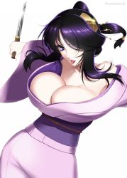 Rule 34 | 1girl, basilisk (manga), blue eyes, breasts, cleavage, commentary request, hair ornament, hair over one eye, hair up, highres, holding, holding knife, kagerou (basilisk), knife, large breasts, lipstick, long sleeves, looking at viewer, makeup, mattari yufi, no bra, obi, purple hair, sash, sidelocks, solo, twitter username, upper body, white background, wide sleeves