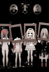 Rule 34 | 4girls, black background, black dress, black eyes, blonde hair, bow, brown hair, colored skin, decapitation, dress, framed, ghost, hair bow, holding, long hair, looking at viewer, mamaloni, multiple girls, original, picture frame, portrait (object), red bow, short dress, simple background, standing, white dress, white skin