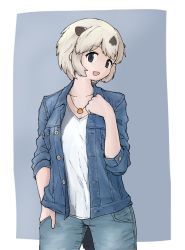 Rule 34 | 10s, 1girl, alternate costume, animal ears, black hair, california sea otter (kemono friends), collarbone, cowboy shot, denim, denim jacket, hand in pocket, jacket, jeans, jewelry, kemono friends, long sleeves, multicolored hair, necklace, otter ears, otter tail, pants, rumenia (ao2is), shell, shell necklace, short hair, sleeves rolled up, solo, tail, white hair