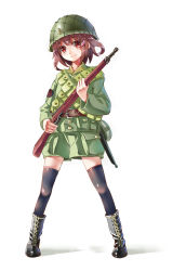 Rule 34 | 10s, 1girl, alternate costume, arisaka, bandolier, black footwear, black thighhighs, bolt action, boots, brown eyes, brown hair, artistic error, full body, gun, hair ornament, hairclip, helmet, highres, ikazuchi (kancolle), imperial japanese navy, kantai collection, longmei er de tuzi, looking at viewer, military, military uniform, pouch, rifle, shorts, simple background, smile, solo, thighhighs, uniform, weapon, white background, world war ii, zettai ryouiki