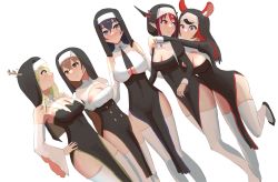 Rule 34 | 5girls, angelchama, animal ears, antlers, black hair, blue eyes, blush, braid, branch, brown hair, ceres fauna, cleavage cutout, clothing cutout, detached sleeves, dress, green hair, habit, hair ornament, hakos baelz, heterochromia, highres, holocouncil, hololive, hololive english, horns, hug, irys (hololive), long hair, long sleeves, looking at viewer, mouse ears, mouse girl, multicolored hair, multiple girls, nanashi mumei, nun, ouro kronii, pointy ears, purple eyes, purple hair, red hair, side slit, streaked hair, thighhighs, twintails, virtual youtuber, white background, white hair, yellow eyes