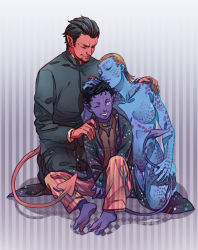 Rule 34 | 10s, 1girl, 2boys, age difference, aged down, animification, azazel (x-men), bad id, bad pixiv id, black hair, blue skin, colored skin, demon, family, father and son, hug, marvel, monster boy, monster girl, mother and son, multiple boys, mystique, nightcrawler, nude, one eye closed, pointy ears, pukun, purple skin, red hair, red skin, tail, x-men, x-men: first class