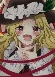 Rule 34 | 1girl, blonde hair, blush, brown headwear, brown vest, collared shirt, eyelashes, frilled hat, frills, happy, hat, hat feather, highres, jacket girl (dipp), kuronon, long hair, long sleeves, neck ribbon, open mouth, parted bangs, red eyes, red ribbon, ribbon, shirt, touhou, upper body, very long hair, vest, wavy hair, white shirt